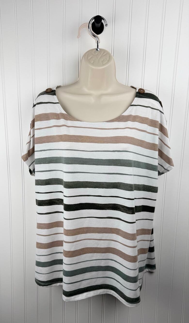 Truself Striped Button Shoulder Top 1X Plus Size